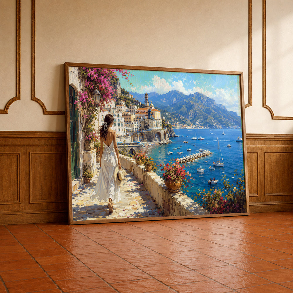 Italian coastal village artwork with blue Mediterranean waters, colourful buildings, mountain peaks, boats, and bougainvillea