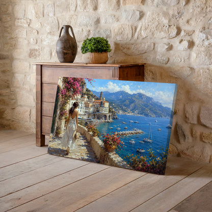 Amalfi-inspired coastal artwork featuring a woman walking along a stone pathway surrounded by colourful flowers and sea views