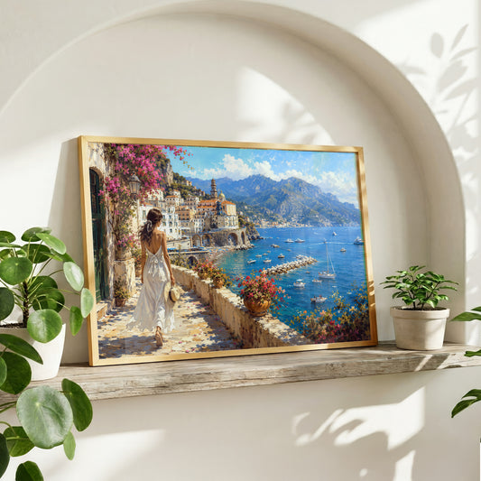 Mediterranean canvas wall art showing a picturesque Italian village, blue sea, mountain landscape, boats, and flowering balconies