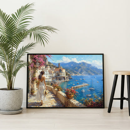 Museum Grade Canvas Wall Art depicting a scenic Italian seaside village overlooking the sparkling Mediterranean Sea