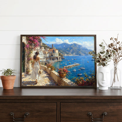 Italian travel-inspired canvas artwork featuring a sunlit coastal walkway, white-dressed woman, vibrant bougainvillea, and blue sea