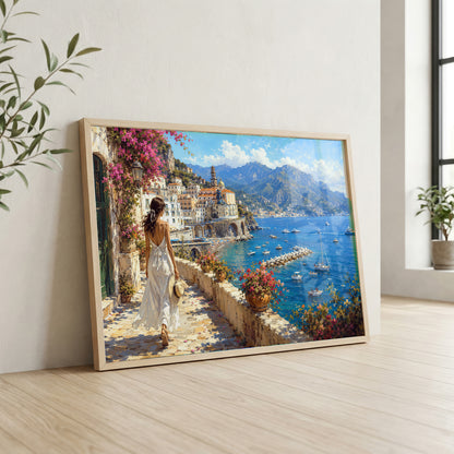 Amalfi Coast canvas wall art featuring a woman in a white dress walking along a sunlit Italian coastal village