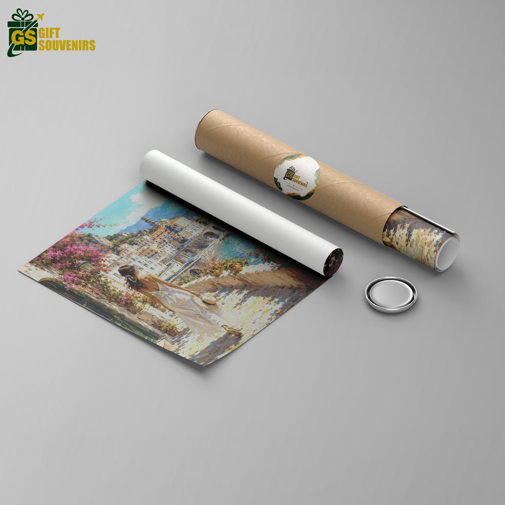 European coastal wall art depicting a charming Italian seaside town surrounded by mountains and the bright Mediterranean Sea