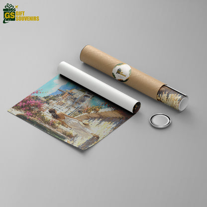 European coastal wall art depicting a charming Italian seaside town surrounded by mountains and the bright Mediterranean Sea