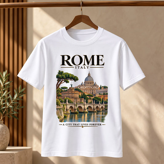 Giftsouvenirs Rome souvenir T-shirt featuring St. Peter's Basilica, historic bridges and Italian heritage artwork