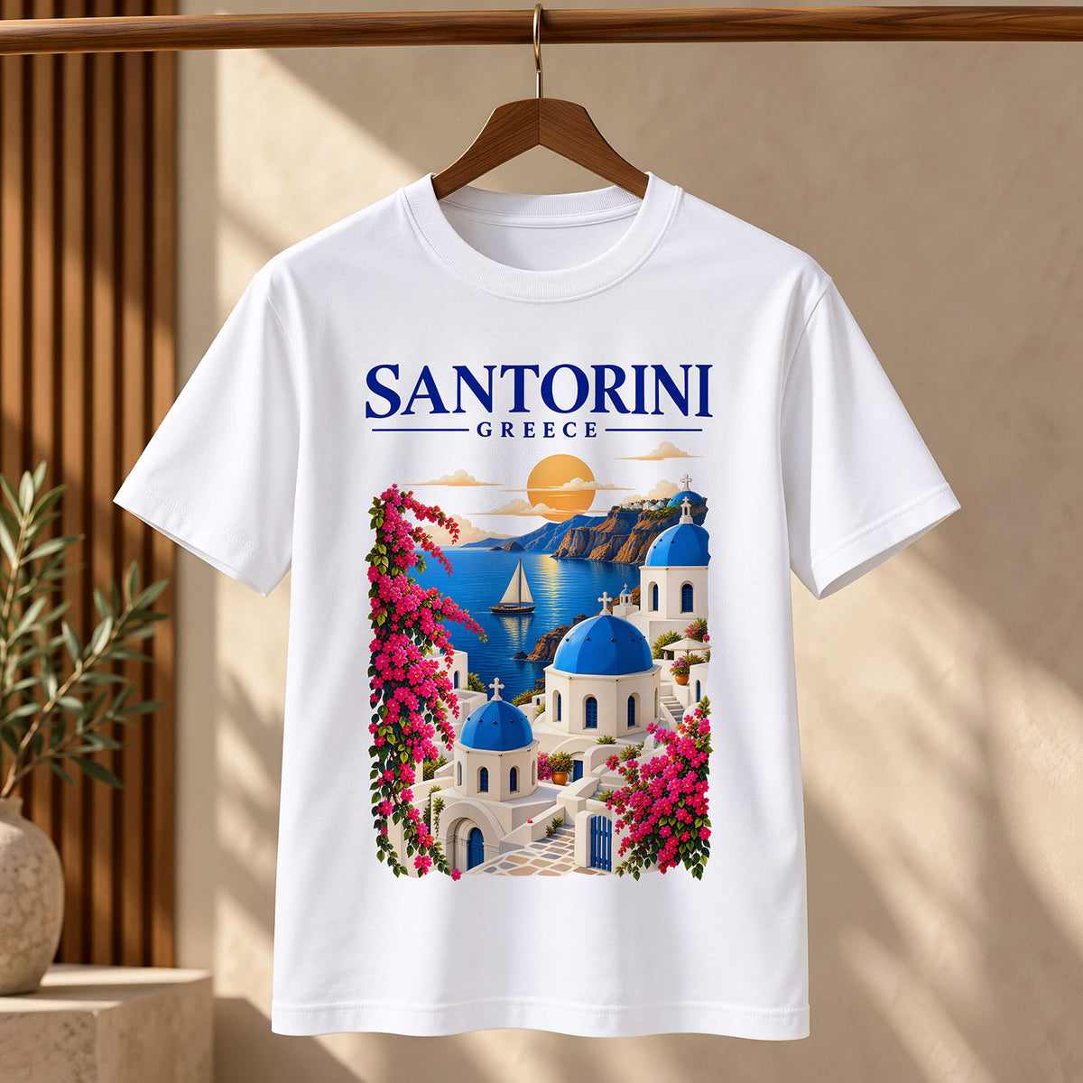 Giftsouvenirs Santorini souvenir T-shirt in white featuring blue-domed churches, Greek islands and sunset artwork