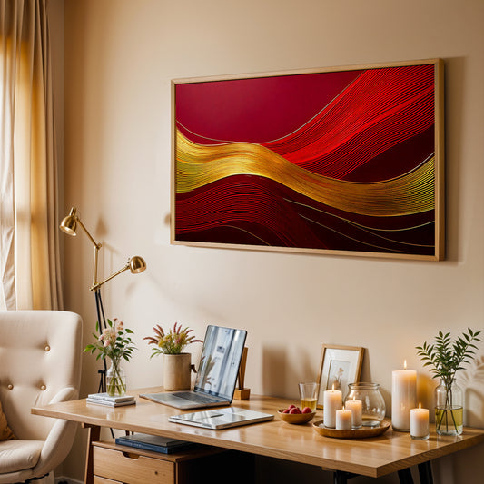 Golden Waves – Flow of Prosperity and Positive Energy ( Vaastu/Feng Shui–inspired Canvas Wall Art )
