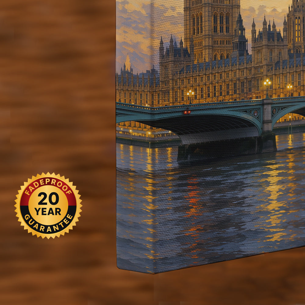 A close-up of a canvas wall art print showing the London Palace of Westminster and Westminster Bridge over the Thames at dusk, with warm golden light reflections on the water. FADEPROOF 20 YEAR GUARANTEE.