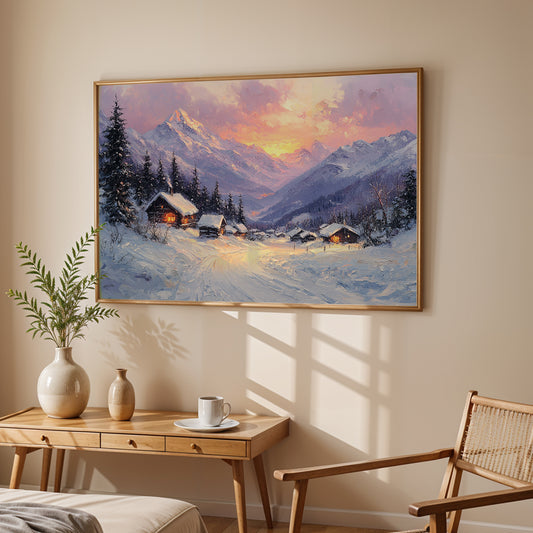 Echoes of the Peaks – Snowbound Sunset Inspired by the Swiss Alps Canvas Wall Art