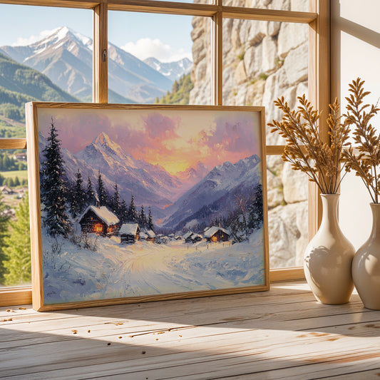Echoes of the Peaks – Snowbound Sunset Inspired by the Swiss Alps Canvas Wall Art