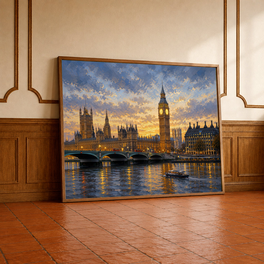 London skyline artwork featuring Big Ben, Westminster Bridge, historic buildings, and a warm golden sunset