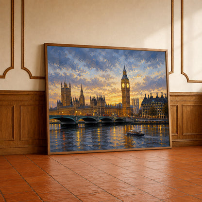 London skyline artwork featuring Big Ben, Westminster Bridge, historic buildings, and a warm golden sunset