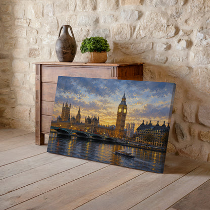 River Thames wall art showing Big Ben and the Palace of Westminster glowing beneath a dramatic sunset sky