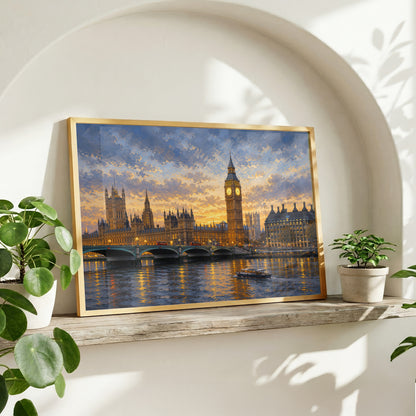 Big Ben and Westminster Palace illuminated beneath a golden evening sky with reflections across the River Thames