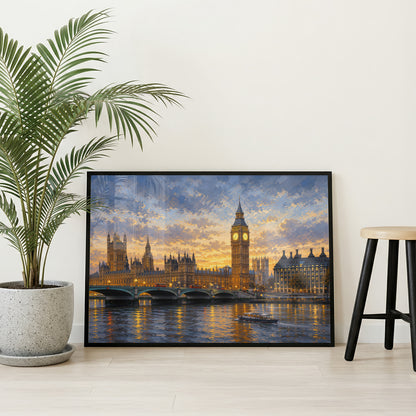 Museum Grade Canvas Wall Art depicting Big Ben and the London skyline beside the reflective River Thames at sunset