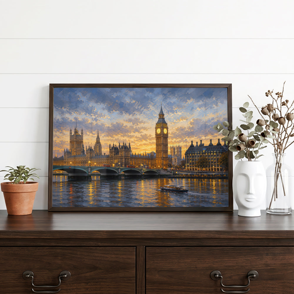 London travel-inspired canvas artwork featuring Big Ben, Westminster Bridge, river reflections, and an evening sky
