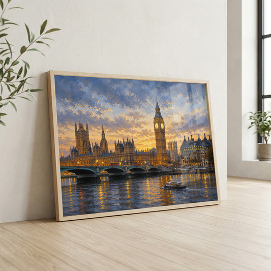 London Big Ben canvas wall art featuring the Palace of Westminster, Westminster Bridge, and the River Thames at sunset