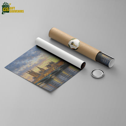 Historic London canvas wall art with Big Ben, Westminster Palace, a river boat, and golden sunset reflections