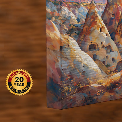 Cappadocia travel canvas wall art with vibrant hot air balloons, fairy chimneys, rocky terrain, and two travellers in the foreground