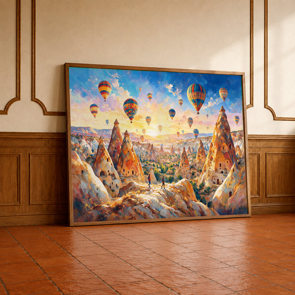 Museum Grade Canvas Wall Art depicting hot air balloons floating over the unique landscapes of Cappadocia, Turkey