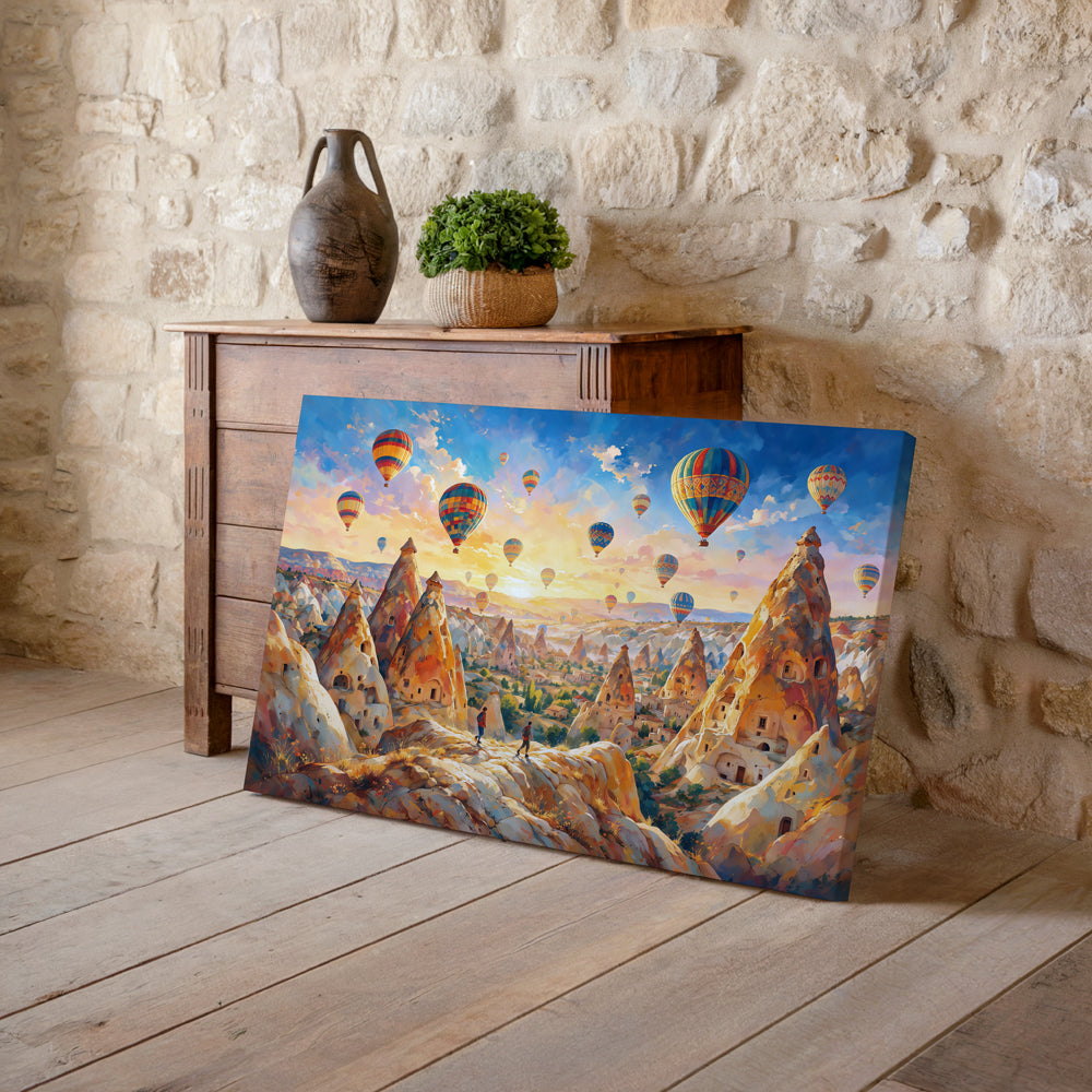 Colourful hot air balloon wall art showing Cappadocia's fairy chimneys and expansive golden valley landscape
