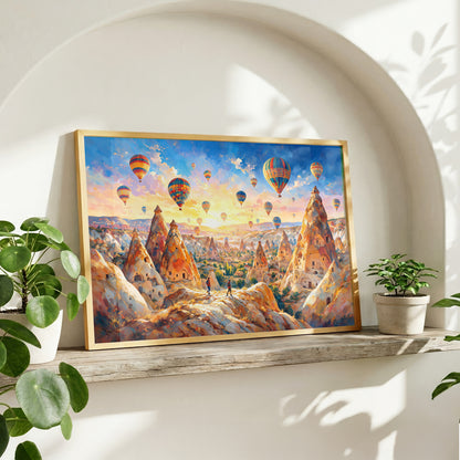 Cappadocia landscape with colourful hot air balloons above dramatic rock formations and ancient cave dwellings