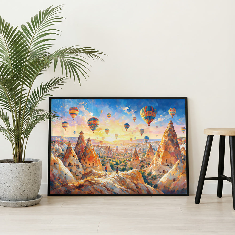 Cappadocia Turkey artwork featuring hot air balloons, sandstone rock formations, cave homes, and a bright morning sky