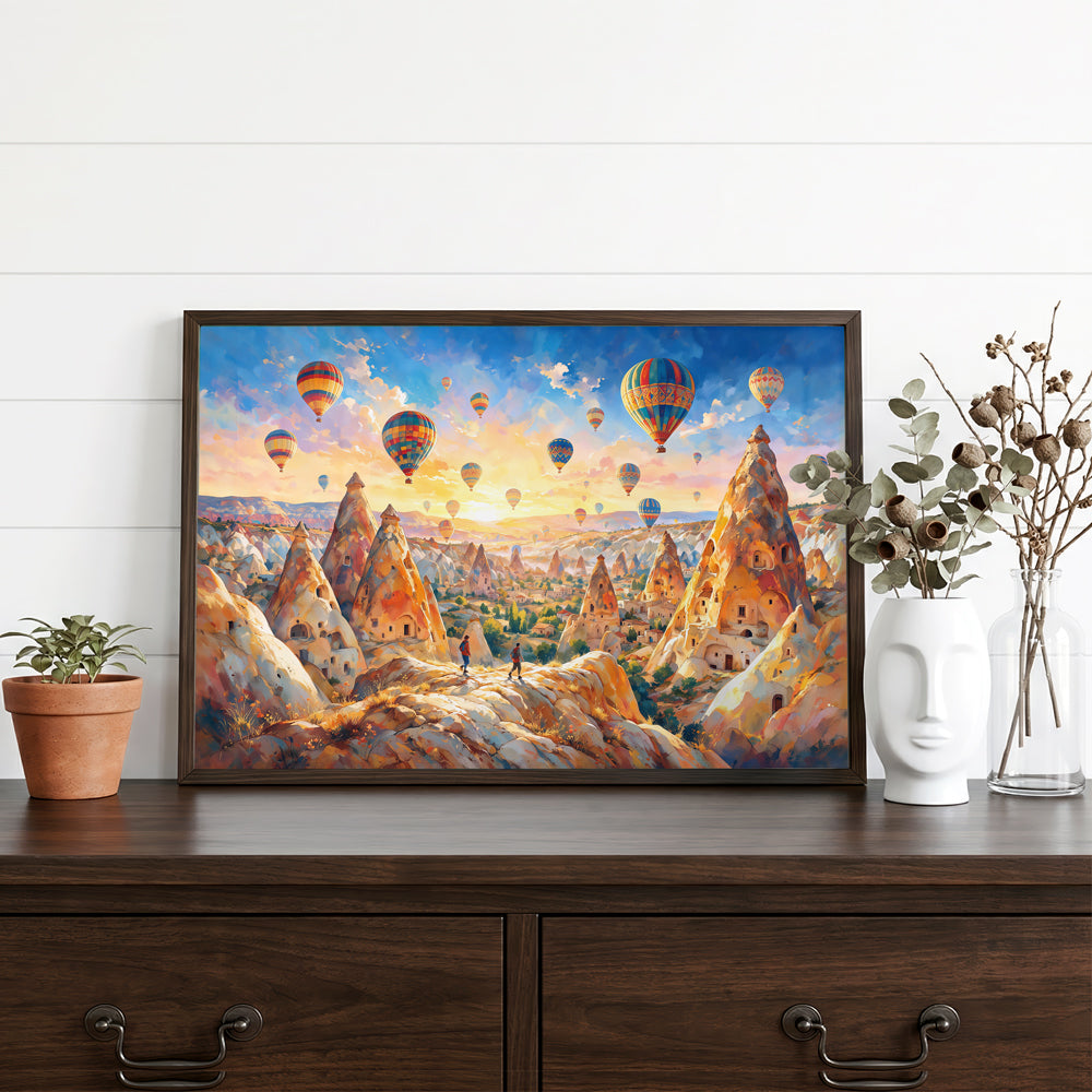 Travel-inspired Cappadocia canvas artwork featuring multiple hot air balloons above rugged rock formations and distant mountains