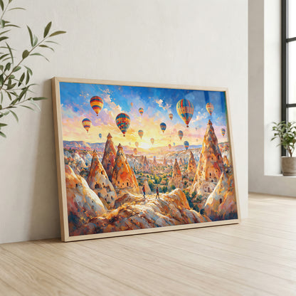 Cappadocia hot air balloon canvas wall art featuring colourful balloons floating above fairy chimneys and rocky valleys