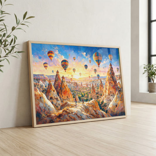 Cappadocia hot air balloon canvas wall art featuring colourful balloons floating above fairy chimneys and rocky valleys