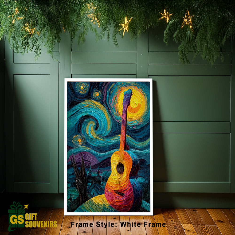 Guitar canvas art with swirling starry sky – wall décor for interiors