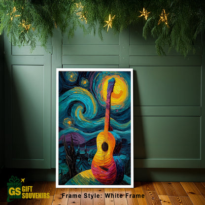 Guitar canvas art with swirling starry sky – wall décor for interiors