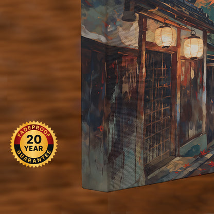 Elegant Japanese canvas wall art depicting a quiet Kyoto street beneath colourful autumn maple trees with warm lantern light