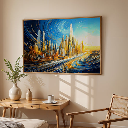 Golden Symphony of the Skies – Urban Dreamscape Modern Canvas Wall Art