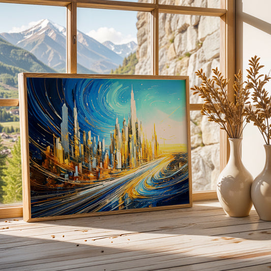 Golden Symphony of the Skies – Urban Dreamscape Modern Canvas Wall Art