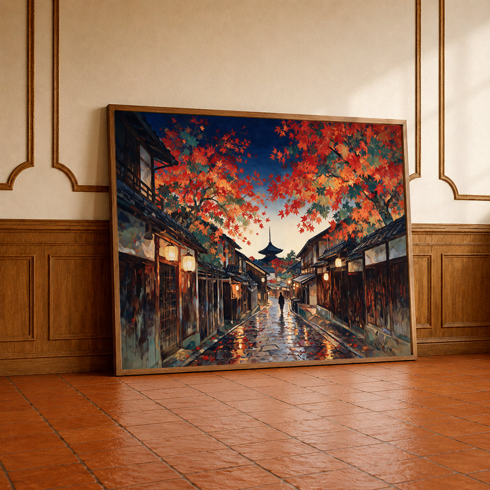 Museum Grade Canvas Wall Art depicting a historic Japanese street surrounded by crimson autumn maple trees
