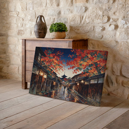 Kyoto travel-inspired canvas artwork featuring red maple leaves arching over a traditional lantern-lit street