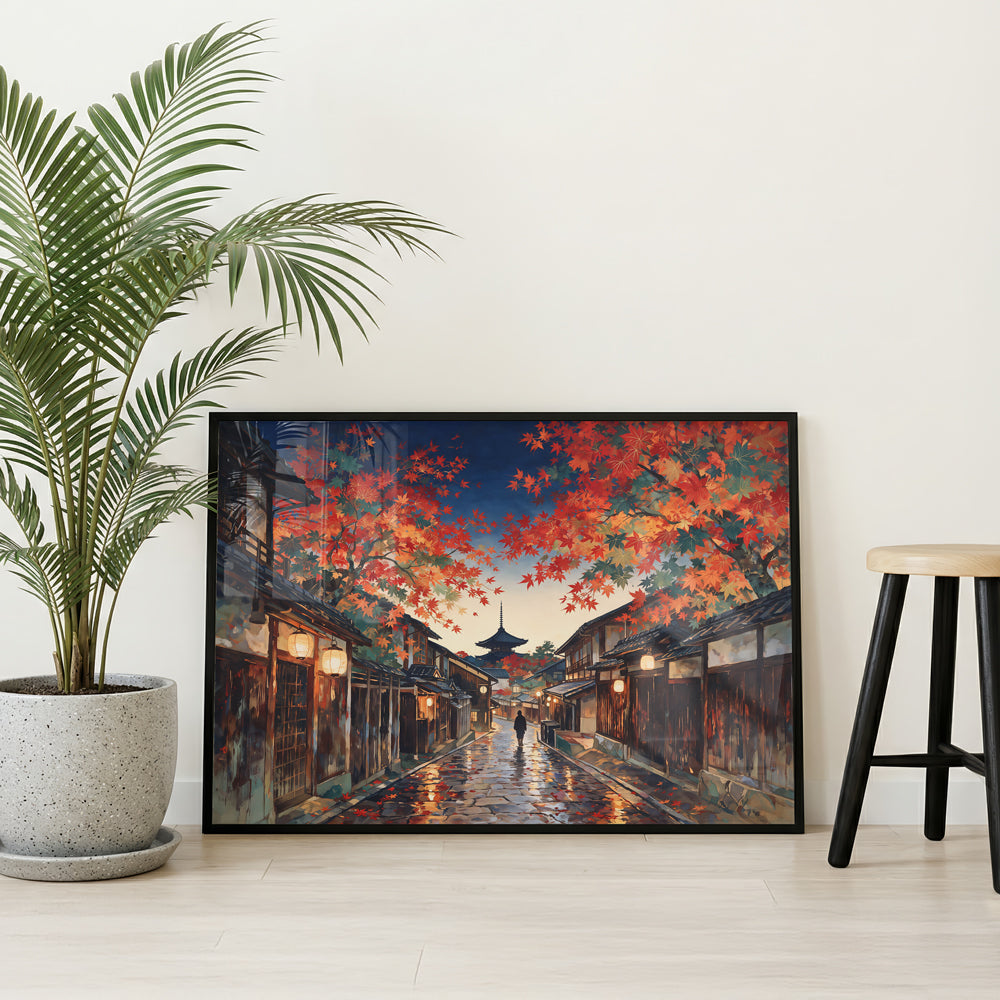 Japanese autumn wall art showing traditional wooden buildings, warm lanterns, wet cobblestones, and a pagoda