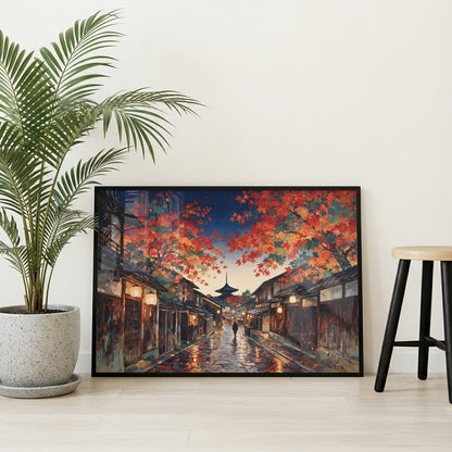 Japanese autumn wall art showing traditional wooden buildings, warm lanterns, wet cobblestones, and a pagoda