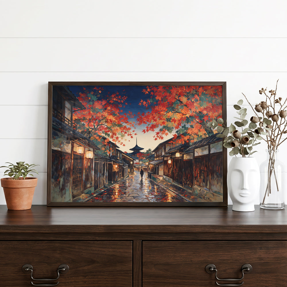 Japanese street canvas wall art with autumn foliage, historic wooden architecture, glowing lanterns, and reflective pavement