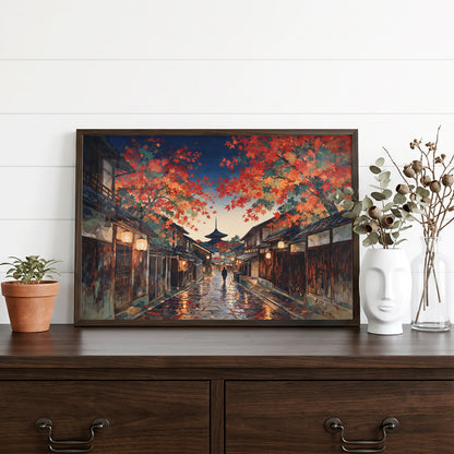 Japanese street canvas wall art with autumn foliage, historic wooden architecture, glowing lanterns, and reflective pavement