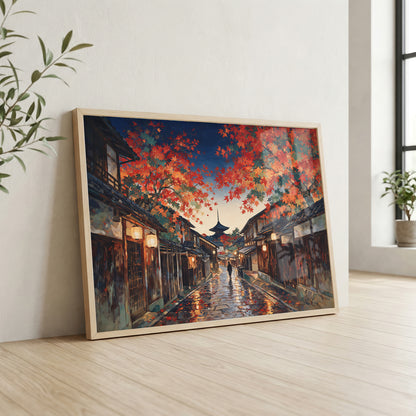 Kyoto autumn canvas wall art featuring a lantern-lit Japanese street beneath vibrant red maple trees