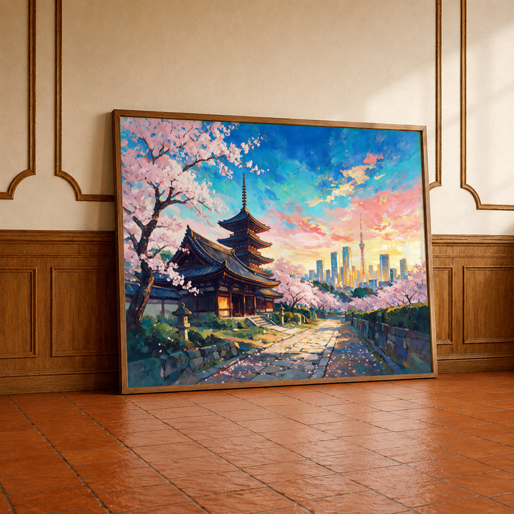 Museum Grade Canvas Wall Art depicting a traditional Japanese temple beneath blooming cherry trees with modern Tokyo beyond