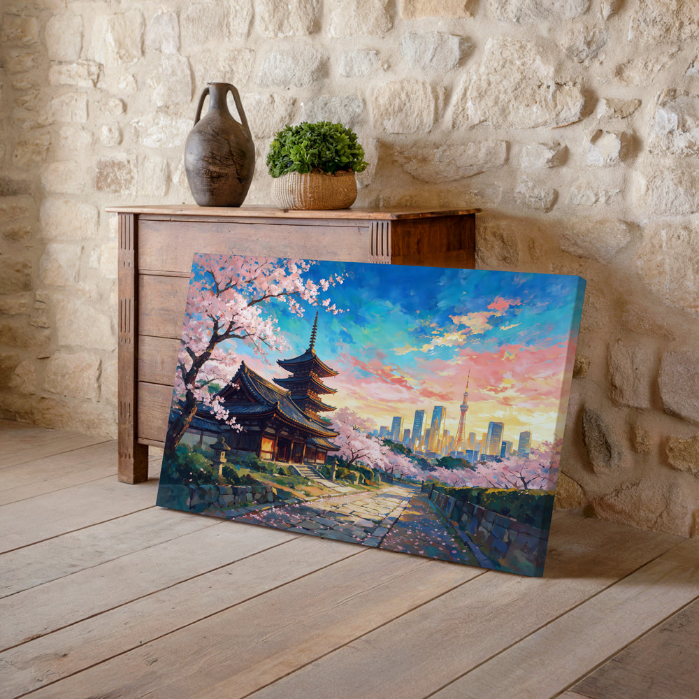 Japanese heritage canvas wall art showing a peaceful temple and pagoda surrounded by cherry blossoms with modern Tokyo in the distance