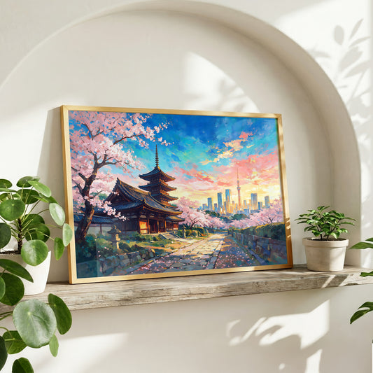 Japanese temple surrounded by pink cherry blossoms with the Tokyo skyline visible in the distance