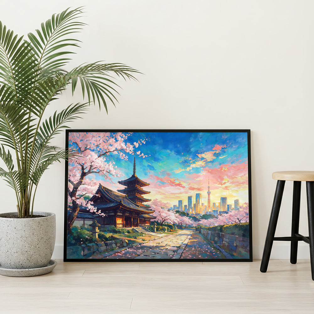 Tokyo Japan artwork featuring a historic temple, pagoda, cherry blossoms, stone pathway, and colourful sunset sky