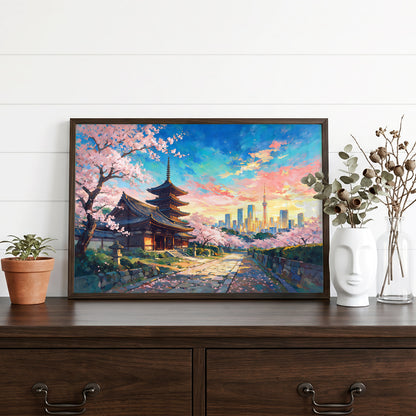 Japanese cherry blossom wall art showing traditional architecture framed by pink blossoms with Tokyo skyscrapers in the background