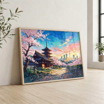 Tokyo cherry blossom canvas wall art featuring a traditional Japanese temple, pagoda, and modern skyline