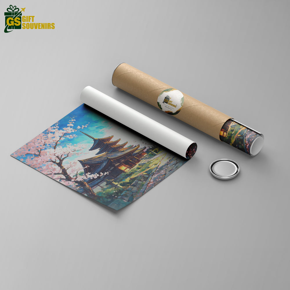 Tokyo travel-inspired canvas artwork featuring a Japanese temple, blooming cherry trees, pagoda, and distant city skyline