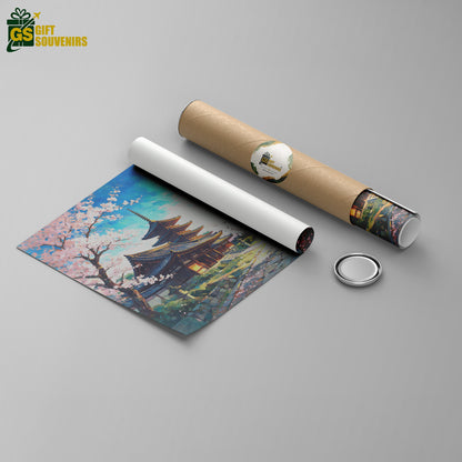 Tokyo travel-inspired canvas artwork featuring a Japanese temple, blooming cherry trees, pagoda, and distant city skyline